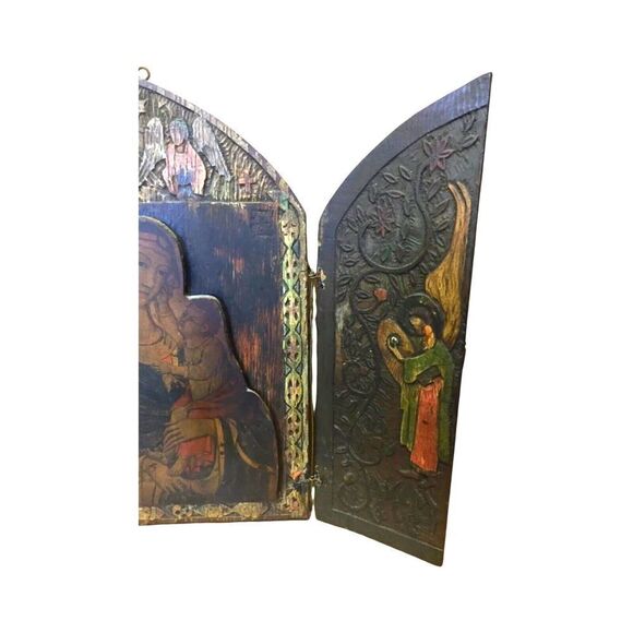 Antique Russian Christian Orthodox Triptych Icon Mother Virgin Madonna Jesus - Picture 4 of 13